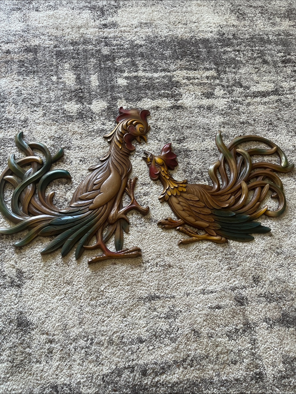 Vintage Pair of Carved fighting Rooster Wall Plaques - Brown & Green